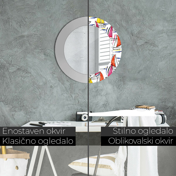 Miroir rond cadre avec impression Bateau sur le lac