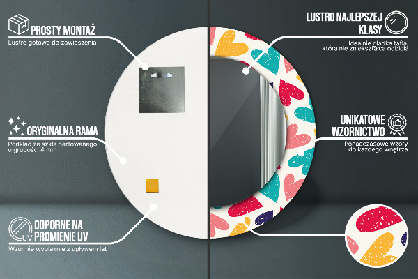 Miroir rond cadre avec impression Coeurs colorés