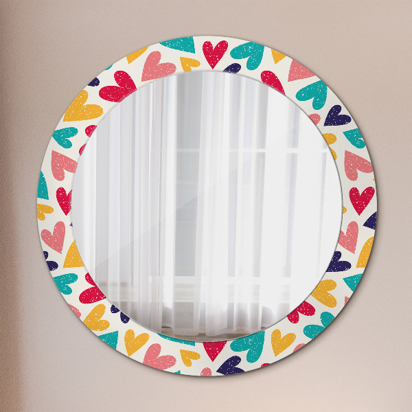 Miroir rond cadre avec impression Coeurs colorés