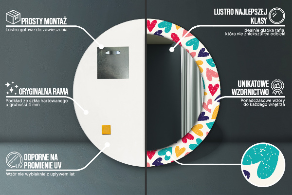 Miroir rond cadre avec impression Coeurs colorés