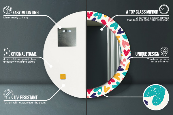 Miroir rond cadre avec impression Coeurs colorés