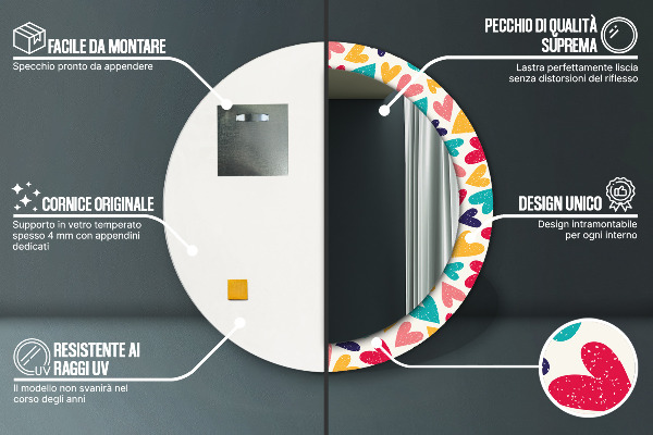 Miroir rond cadre avec impression Coeurs colorés