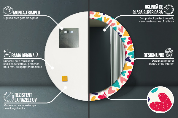 Miroir rond cadre avec impression Coeurs colorés