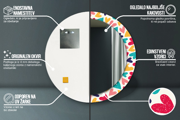 Miroir rond cadre avec impression Coeurs colorés