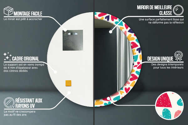 Miroir rond cadre avec impression Coeurs colorés