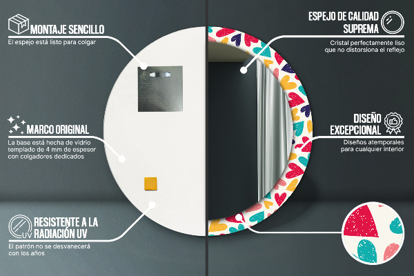 Miroir rond cadre avec impression Coeurs colorés