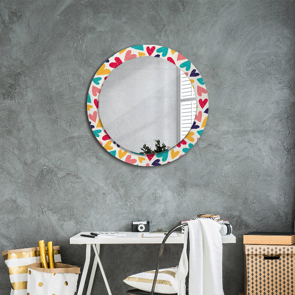 Miroir rond cadre avec impression Coeurs colorés