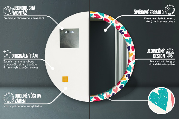 Miroir rond cadre avec impression Coeurs colorés