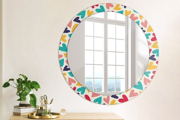 Miroir rond cadre avec impression Coeurs colorés