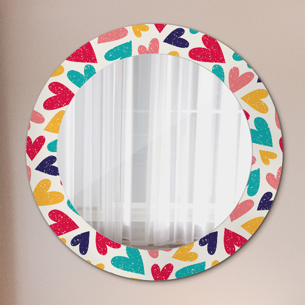 Miroir rond cadre avec impression Coeurs colorés