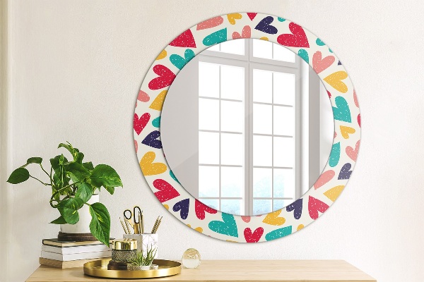 Miroir rond cadre avec impression Coeurs colorés