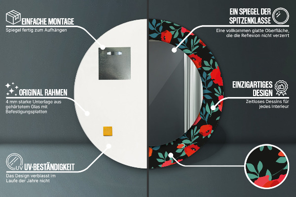 Miroir rond cadre avec impression Graine de pavot