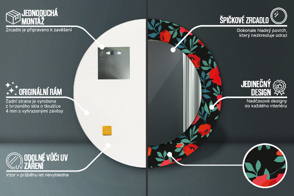 Miroir rond cadre avec impression Graine de pavot