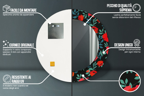 Miroir rond cadre avec impression Graine de pavot