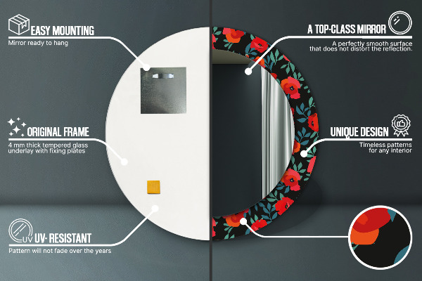 Miroir rond cadre avec impression Graine de pavot