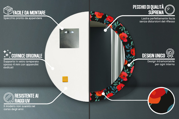 Miroir rond cadre avec impression Graine de pavot