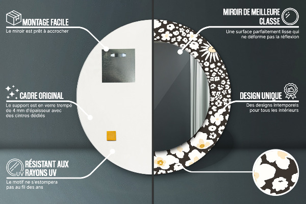 Miroir rond cadre avec impression Marguerite d'ivoire
