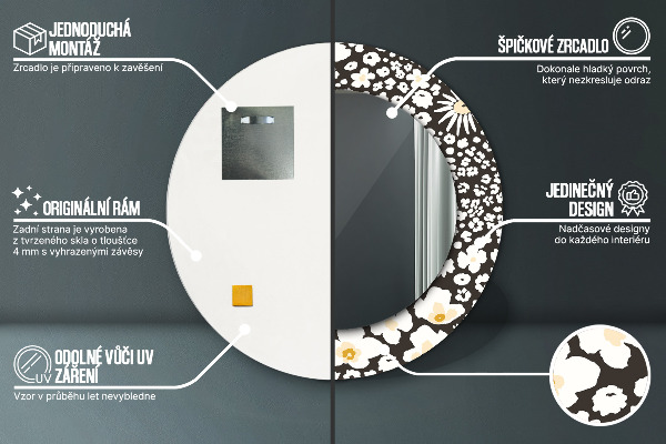 Miroir rond cadre avec impression Marguerite d'ivoire