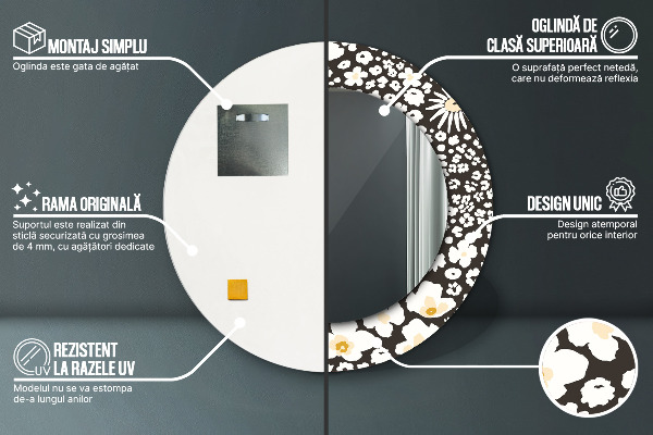 Miroir rond cadre avec impression Marguerite d'ivoire