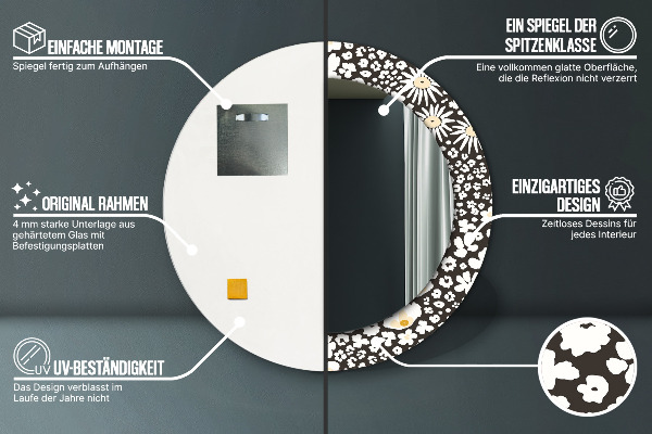 Miroir rond cadre avec impression Marguerite d'ivoire