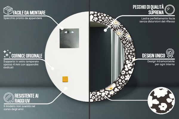 Miroir rond cadre avec impression Marguerite d'ivoire