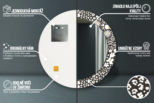 Miroir rond cadre avec impression Marguerite d'ivoire