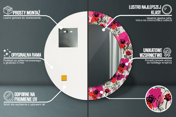 Miroir rond cadre avec impression Coquelicots roses