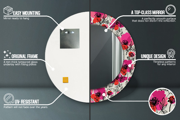 Miroir rond cadre avec impression Coquelicots roses