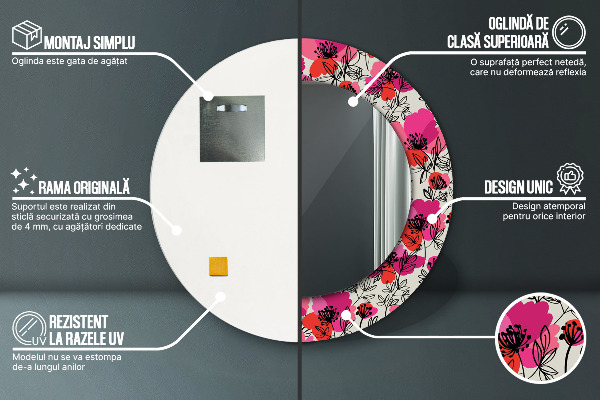 Miroir rond cadre avec impression Coquelicots roses
