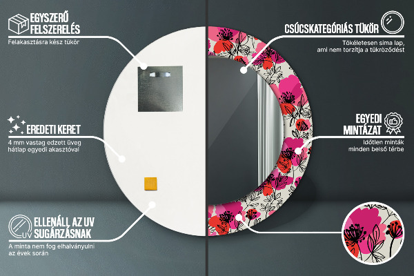 Miroir rond cadre avec impression Coquelicots roses