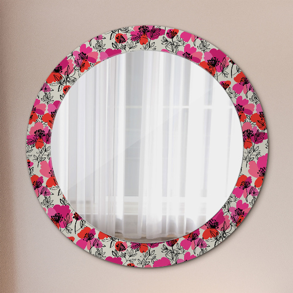 Miroir rond cadre avec impression Coquelicots roses