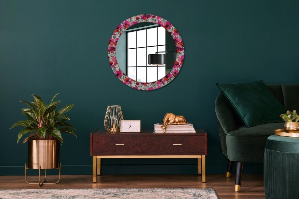 Miroir rond cadre avec impression Coquelicots roses
