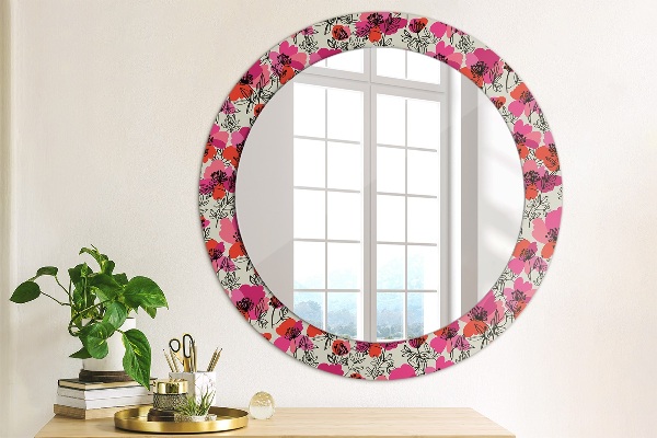 Miroir rond cadre avec impression Coquelicots roses