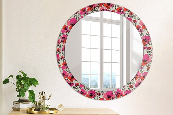 Miroir rond cadre avec impression Coquelicots roses