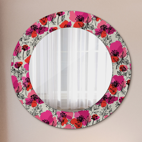 Miroir rond cadre avec impression Coquelicots roses