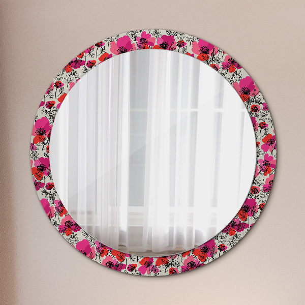 Miroir rond cadre avec impression Coquelicots roses