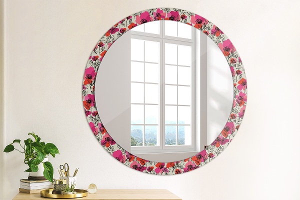 Miroir rond cadre avec impression Coquelicots roses
