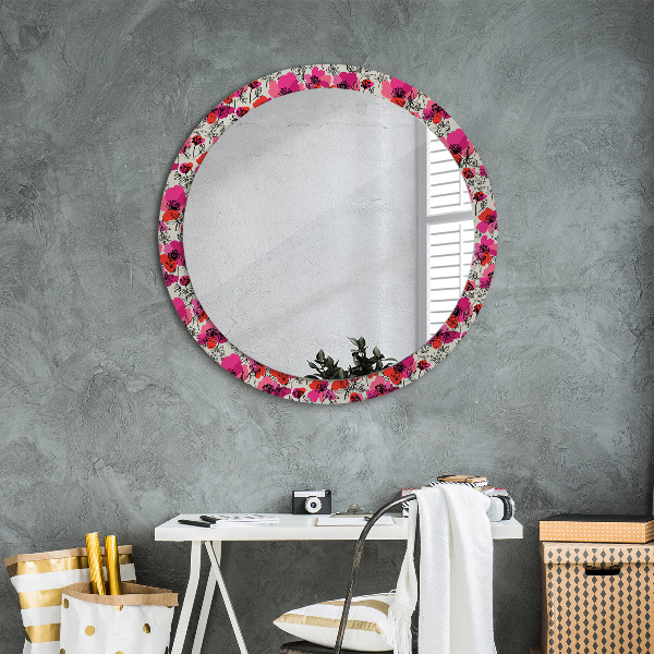 Miroir rond cadre avec impression Coquelicots roses