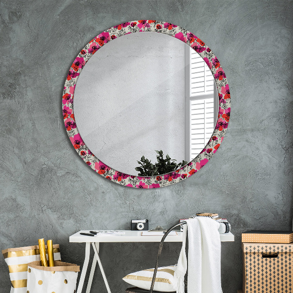 Miroir rond cadre avec impression Coquelicots roses