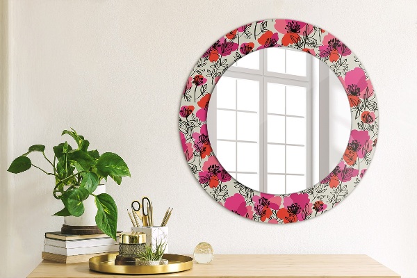Miroir rond cadre avec impression Coquelicots roses