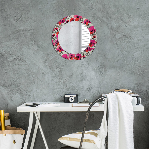 Miroir rond cadre avec impression Coquelicots roses