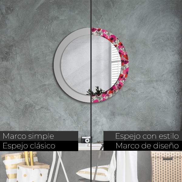 Miroir rond cadre avec impression Coquelicots roses