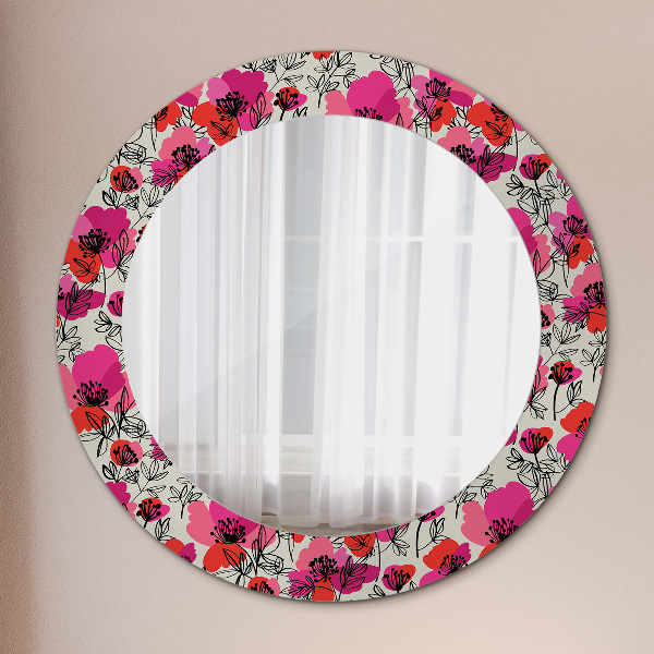 Miroir rond cadre avec impression Coquelicots roses
