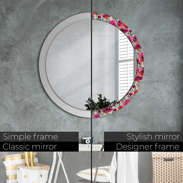 Miroir rond cadre avec impression Coquelicots roses