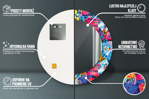 Miroir rond cadre avec impression Gribouillis colorés