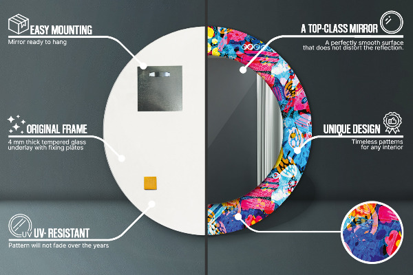 Miroir rond cadre avec impression Gribouillis colorés