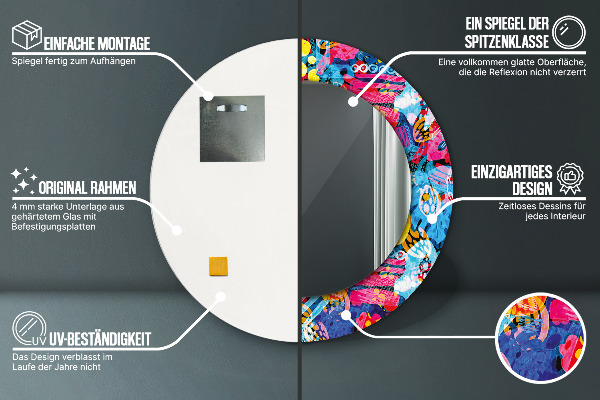 Miroir rond cadre avec impression Gribouillis colorés