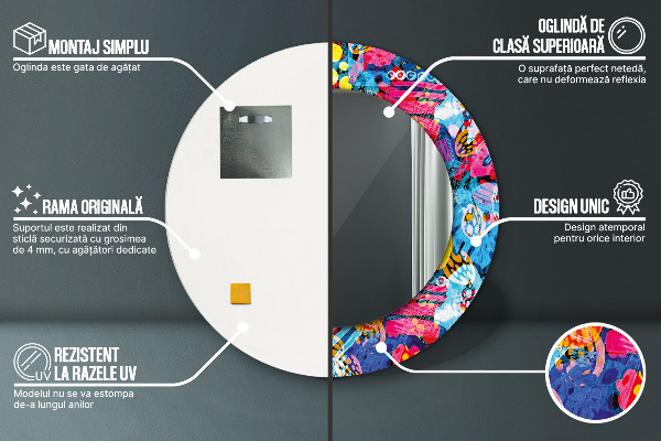 Miroir rond cadre avec impression Gribouillis colorés