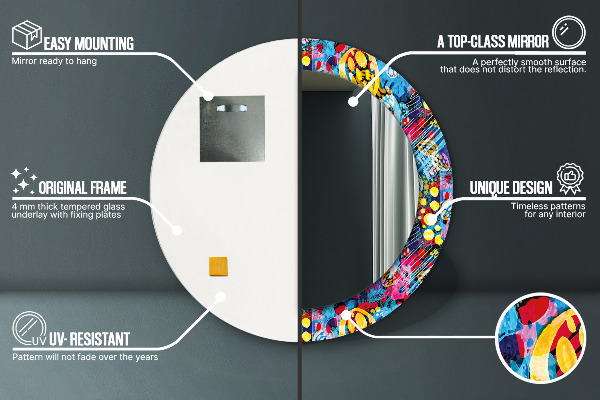 Miroir rond cadre avec impression Gribouillis colorés