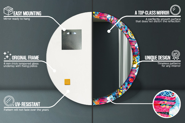 Miroir rond cadre avec impression Gribouillis colorés